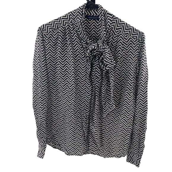 French Connection Women 6 Tie Neck Blouse Black White Abstract Print Long Sleeve - Picture 1 of 5